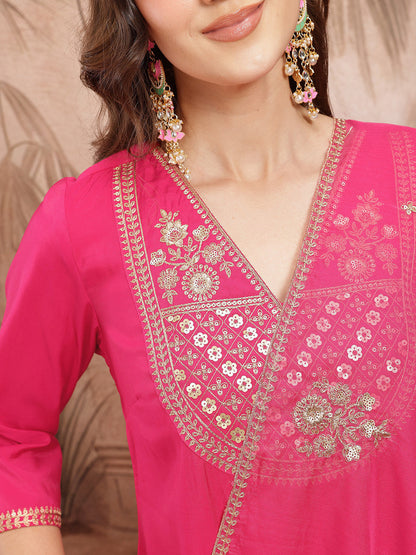 Ethnic Motifs Embroidered Sequinned V-Neck A-Line Kurta with Trousers & Dupatta