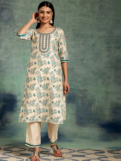 Women Floral Printed Regular Thread Work Kurta with Trousers