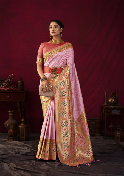 Women Paithani Bansi Baby Pink Saree With Unstiched Blouse