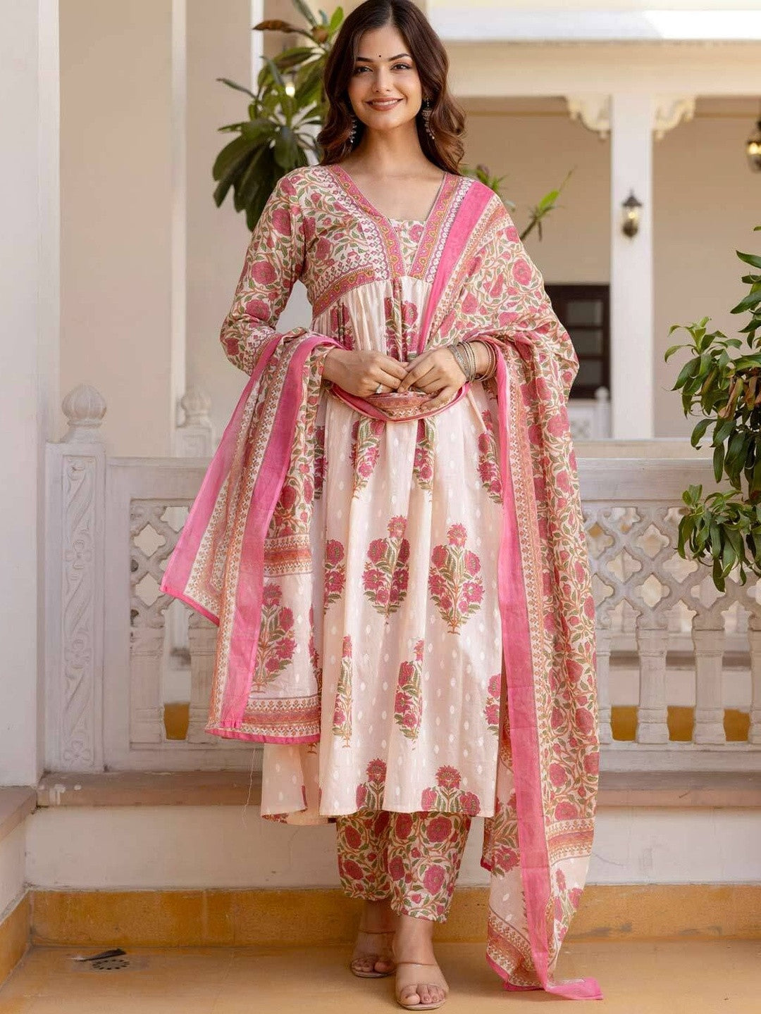 Printed Pure Cotton V-Neck A-Line Kurta & Trousers With Dupatta