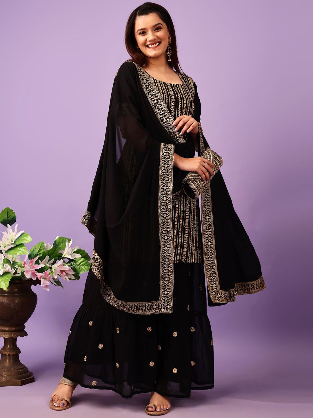 Dhiyona KL Floral Embroidered Regular Kurta With Sharara & Dupatta