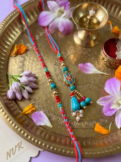 Dhiyona Set Of 2 Multicolor Artificial Beads Bhaiya Bhabhi Thread Rakhi With Roli Chawal