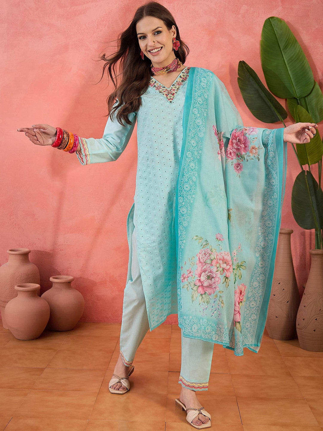 Dhiyona SN Floral Embroidered Schiffli Pure Cotton Straight Kurta With Trouser And Dupatta