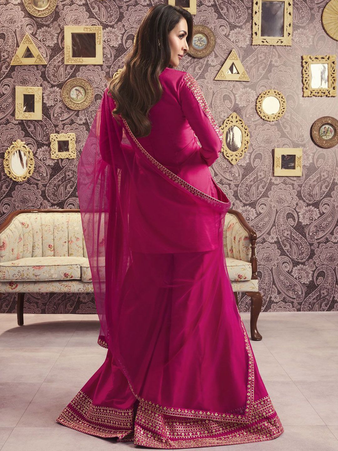 Dhiyona IN Ethnic Motifs Embroidered Notch Neck Sequinned A-Line Kurta With Sharara & Dupatta
