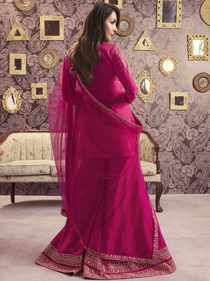 Dhiyona IN Ethnic Motifs Embroidered Notch Neck Sequinned A-Line Kurta With Sharara & Dupatta