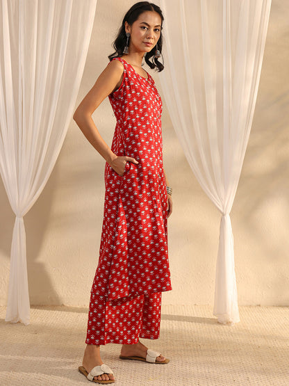 Maroon Floral Printed Cotton A-Line Kurta Set