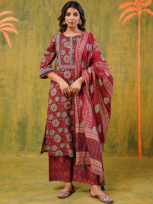 Dhiyona KL Women Floral Printed Regular Pure Cotton Kurta with Palazzos & With Dupatta