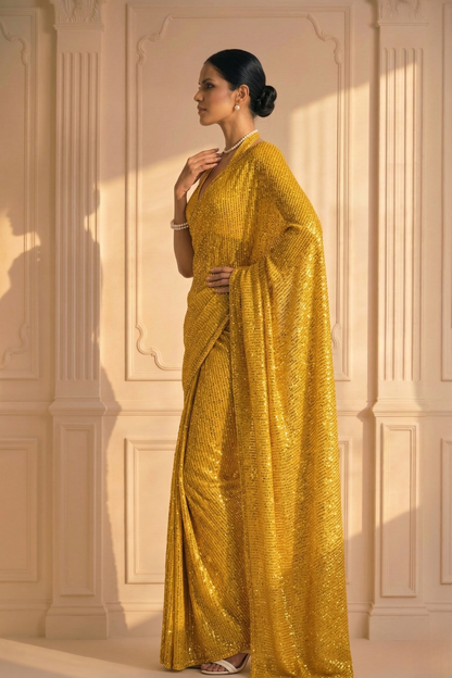 Dhiyona ST Yellow Knitted Sequin Saree with Blouse Fabric