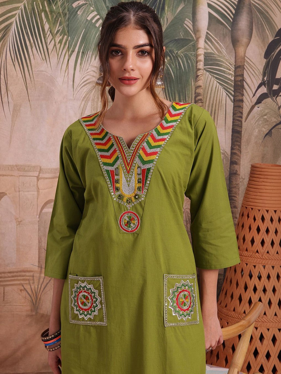 Embroidered Cotton Round Neck Kurta & Trousers