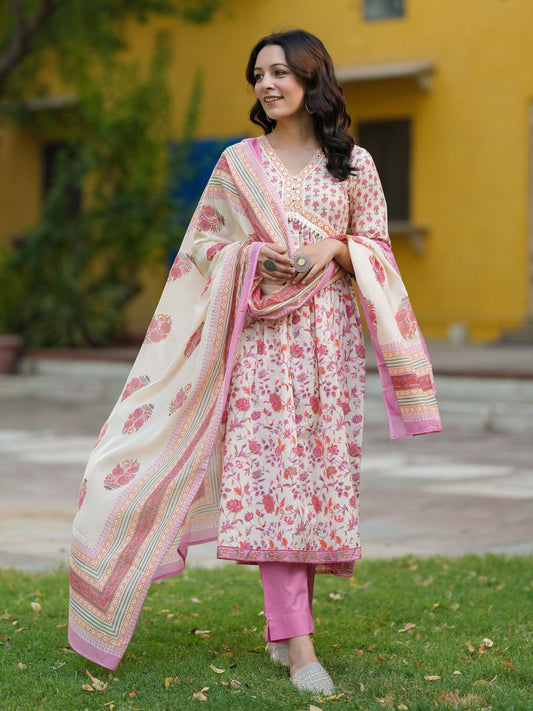 Dhiyona RR Women's Ethnic Motifs Printed Pure Cotton Kurta with Trousers & Dupatta