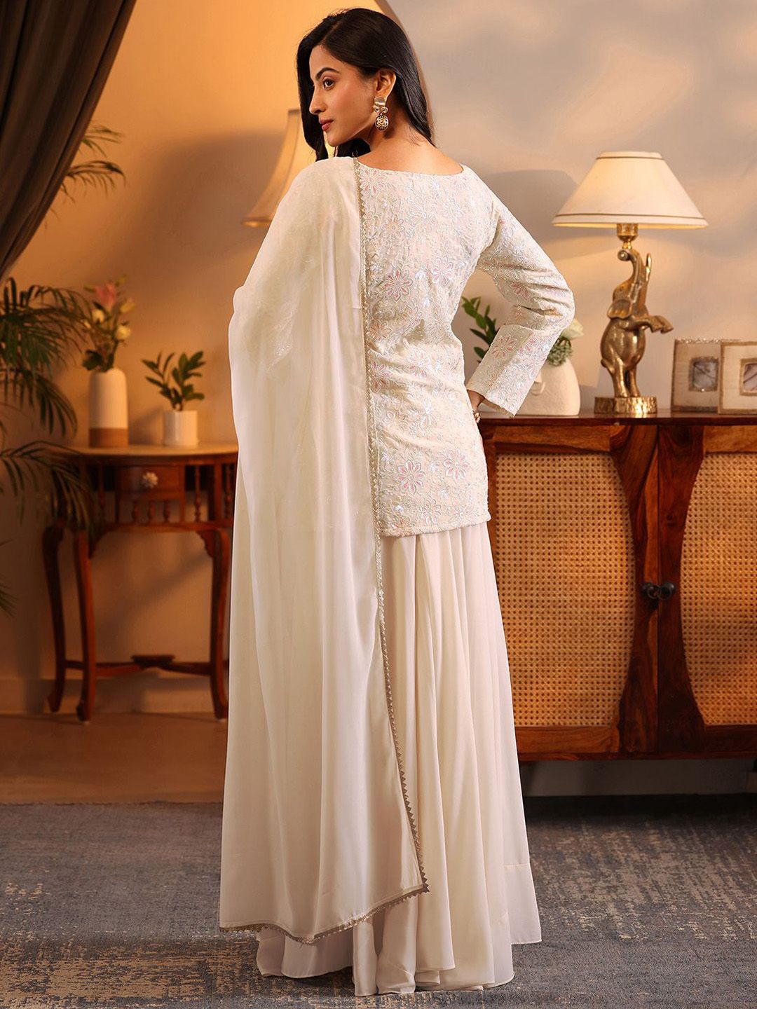 Dhiyona LL Floral Embroidered Straight Georgette Kurta With Palazzos & Dupatta