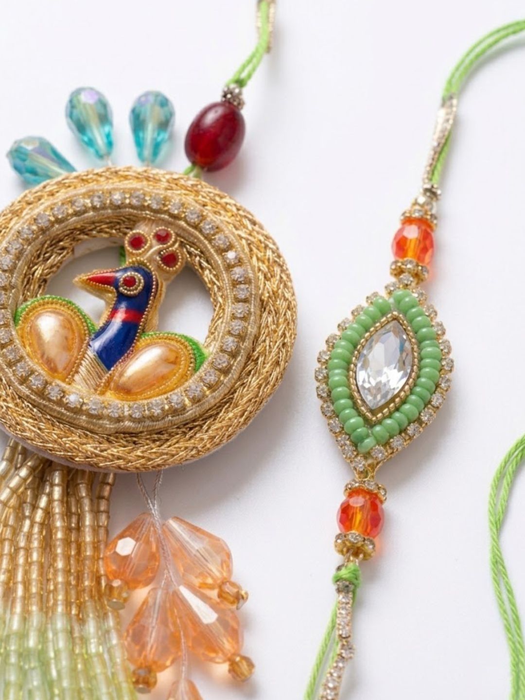 Dhiyona Set Of 2 Artificial Stones Designer Bhaiya Bhabhi Rakhi With Roli Chawal Chandan
