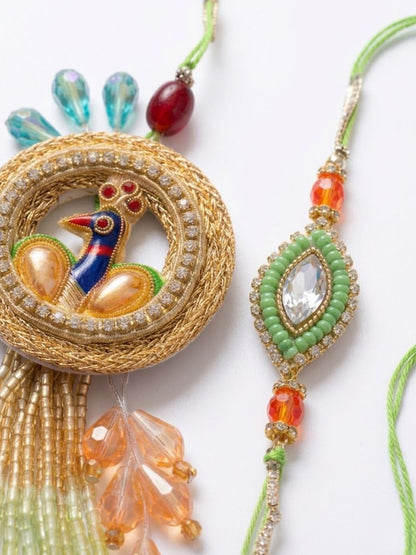 Dhiyona Set Of 2 Artificial Stones Designer Bhaiya Bhabhi Rakhi With Roli Chawal Chandan