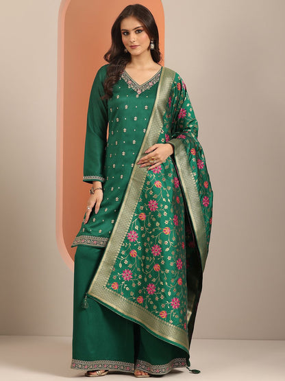 Dhiyona LL Floral Embroidered V-Neck Thread Work Straight Kurta With Palazzos & Dupatta