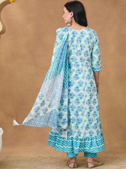 Women Floral Printed Miror Embroided Neck Anarkali Kurta Set With Tasseled Dupatta