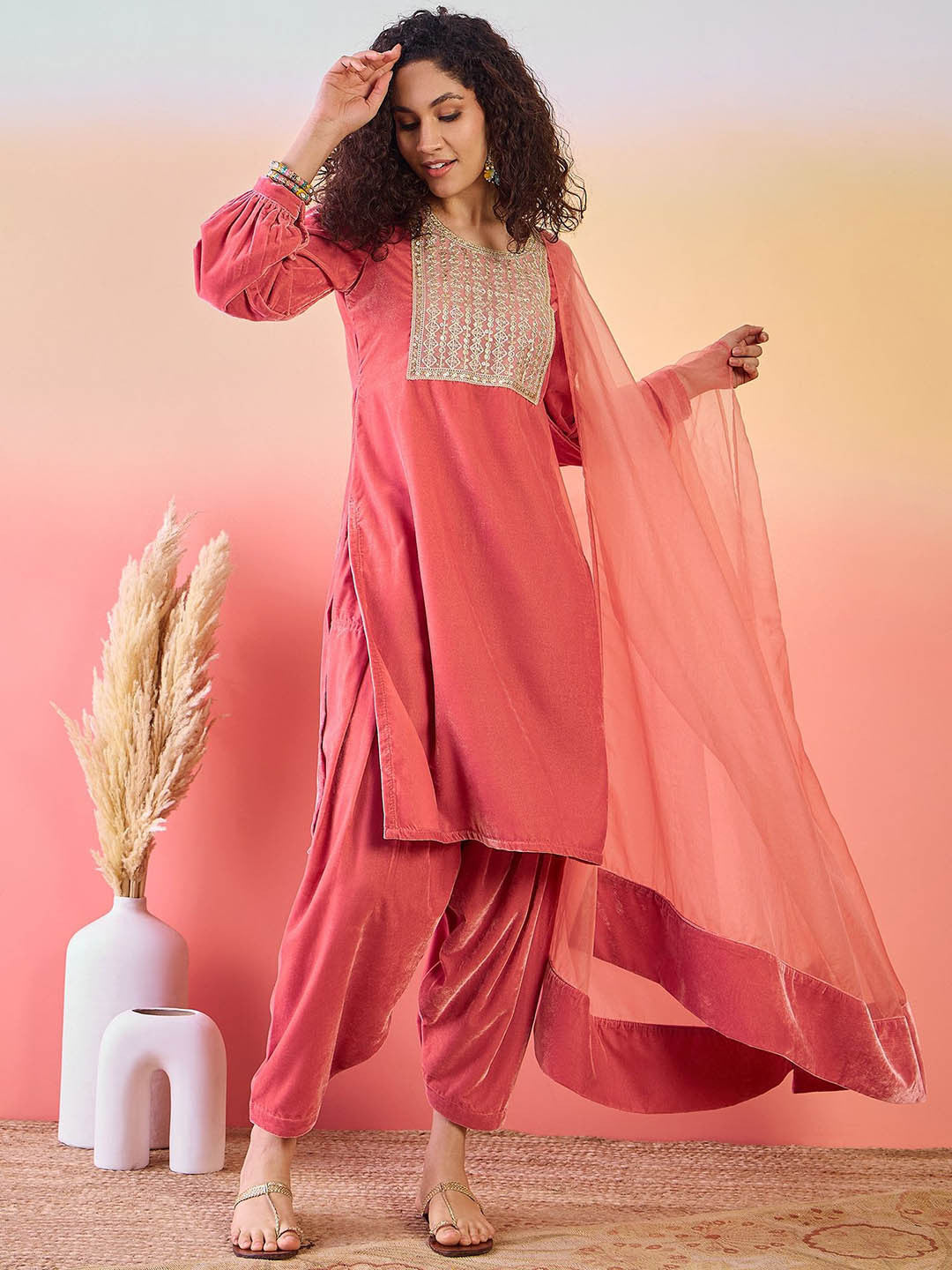Floral Yoke Design Sequinned Round Neck Velvet Straight Kurta & Salwar & Dupatta