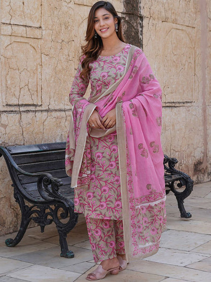 Dhiyona KL Floral Printed Pure Cotton Kurta With Trousers & Dupatta
