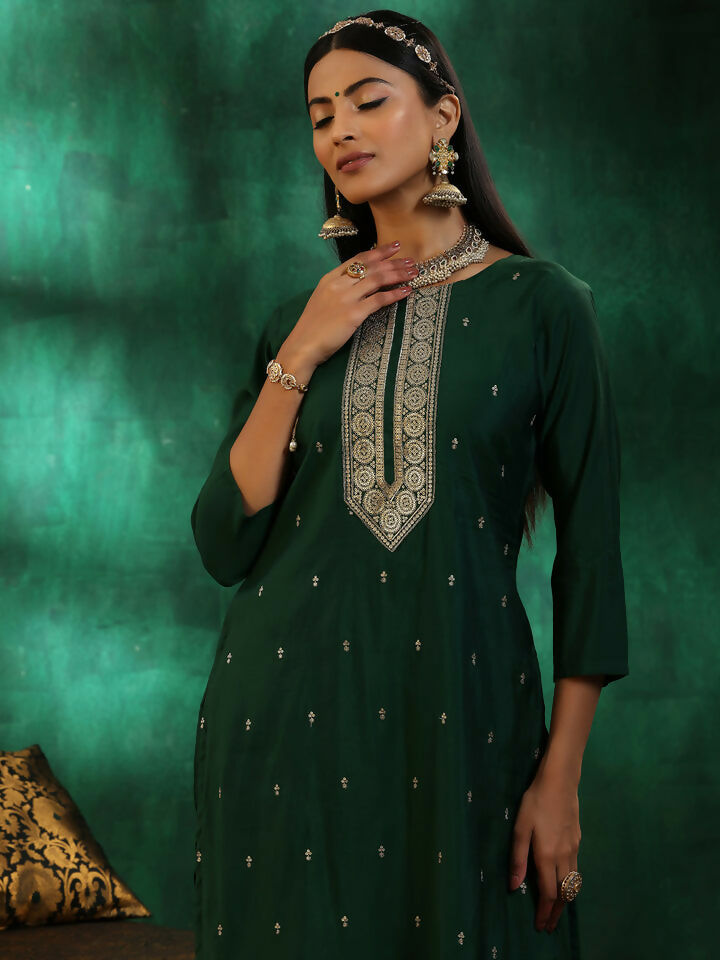 Women's LB Green Self Design Silk Blend Straight Suit With Dupatta