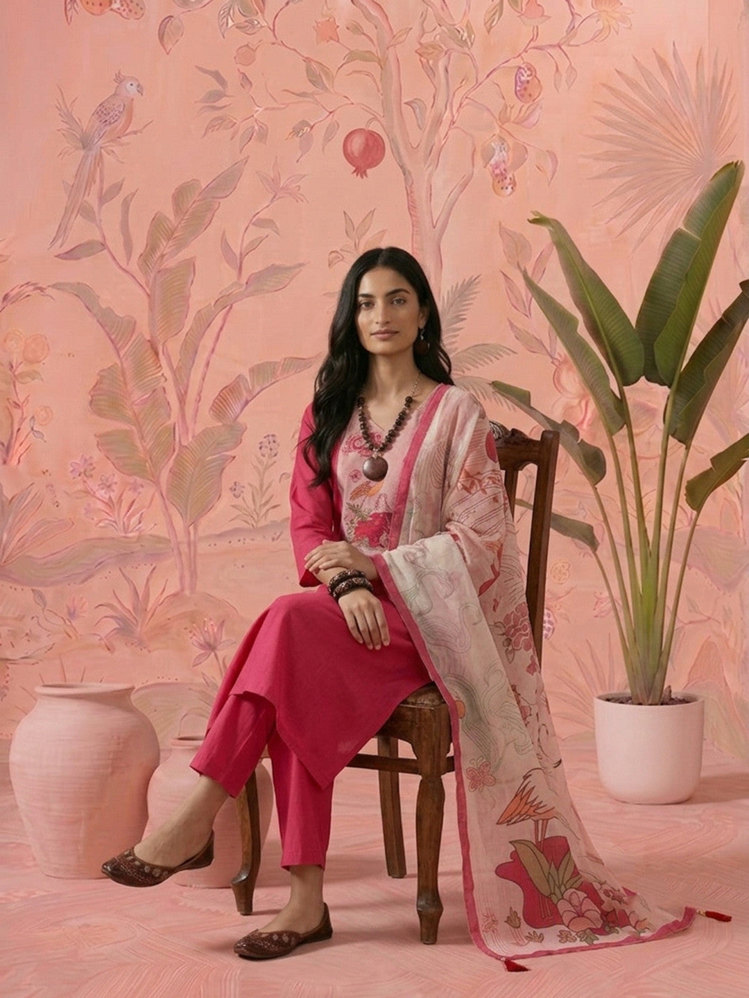 Dhiyona SN Beads & Stones Embroidered Regular Pure Cotton Kurta with Trouser & Dupatta