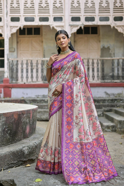 Women Yogita Patola Wine Saree With Unstiched Blouse