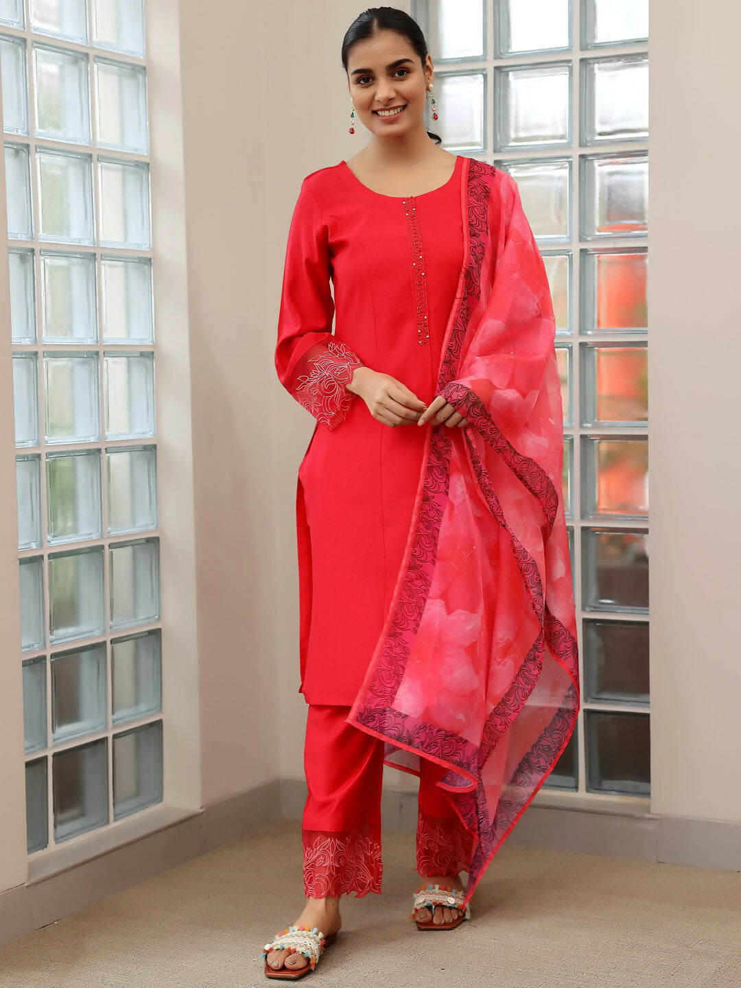 Women's LB Red Yoke Design Silk Blend Straight Suit With Dupatta