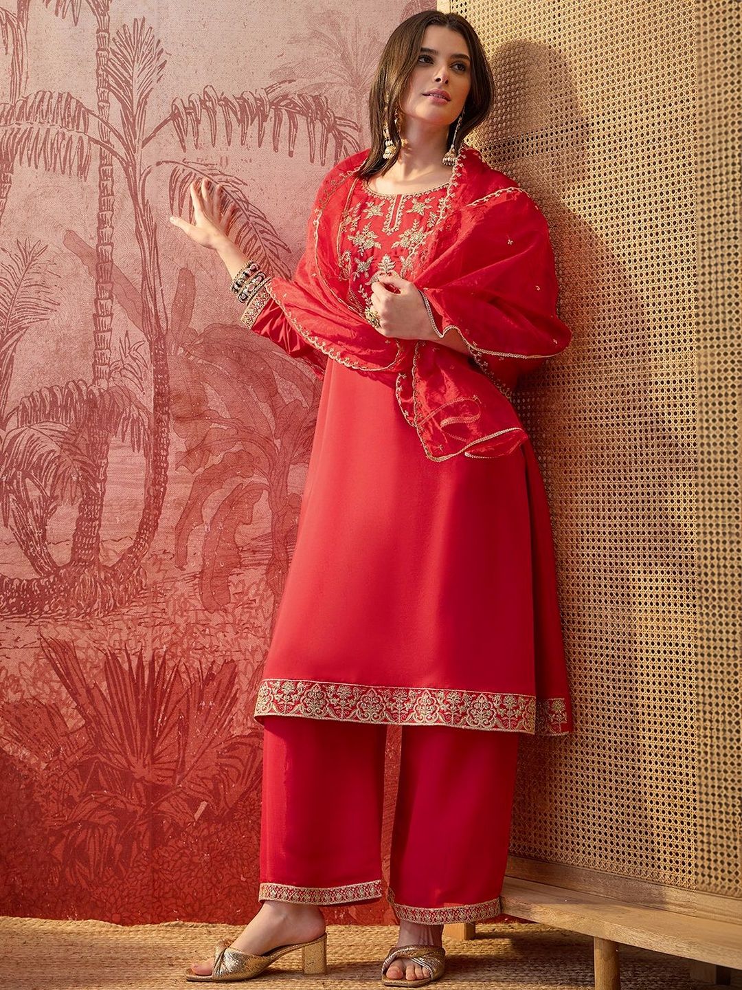Dhiyona SN Embroidered Round Neck A-Line Kurta & Palazzos With Dupatta