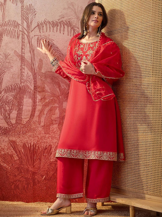 Dhiyona SN Embroidered Round Neck A-Line Kurta & Palazzos With Dupatta