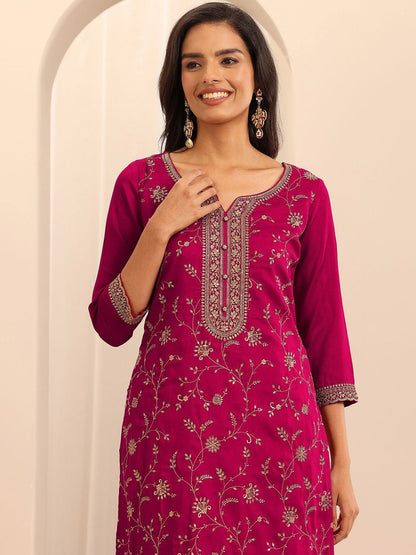 Dhiyona LL Ethnic Motifs Embroidered Straight Thread Work Kurta With Palazzos & Dupatta
