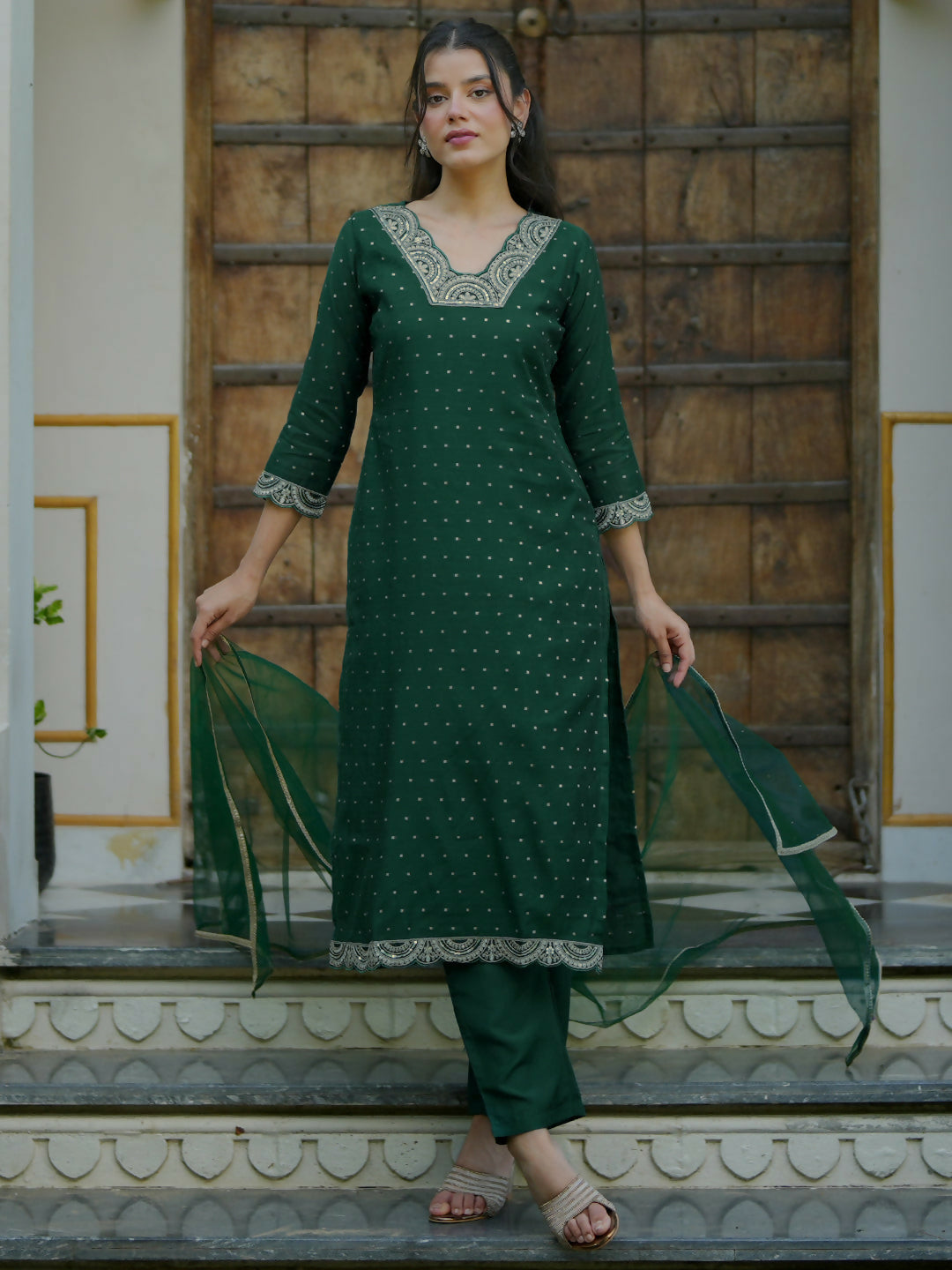 Women's LB Green Self Design Silk blend Straight Suit With Dupatta