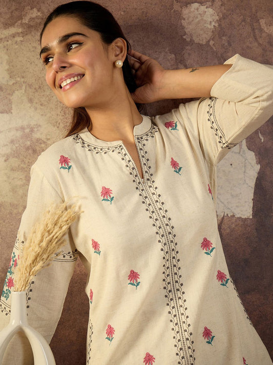 Dhiyona IE Embroidered Pure Cotton Mandarin Collar Neck Top With Trousers A-Line Co-Ords