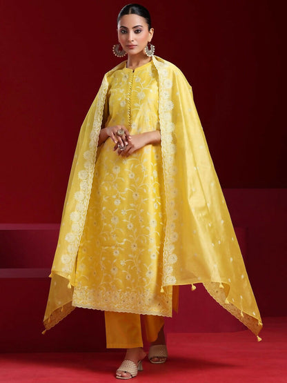 Women's LB Art Yellow Embroidered Chanderi Silk Straight Suit With Dupatta