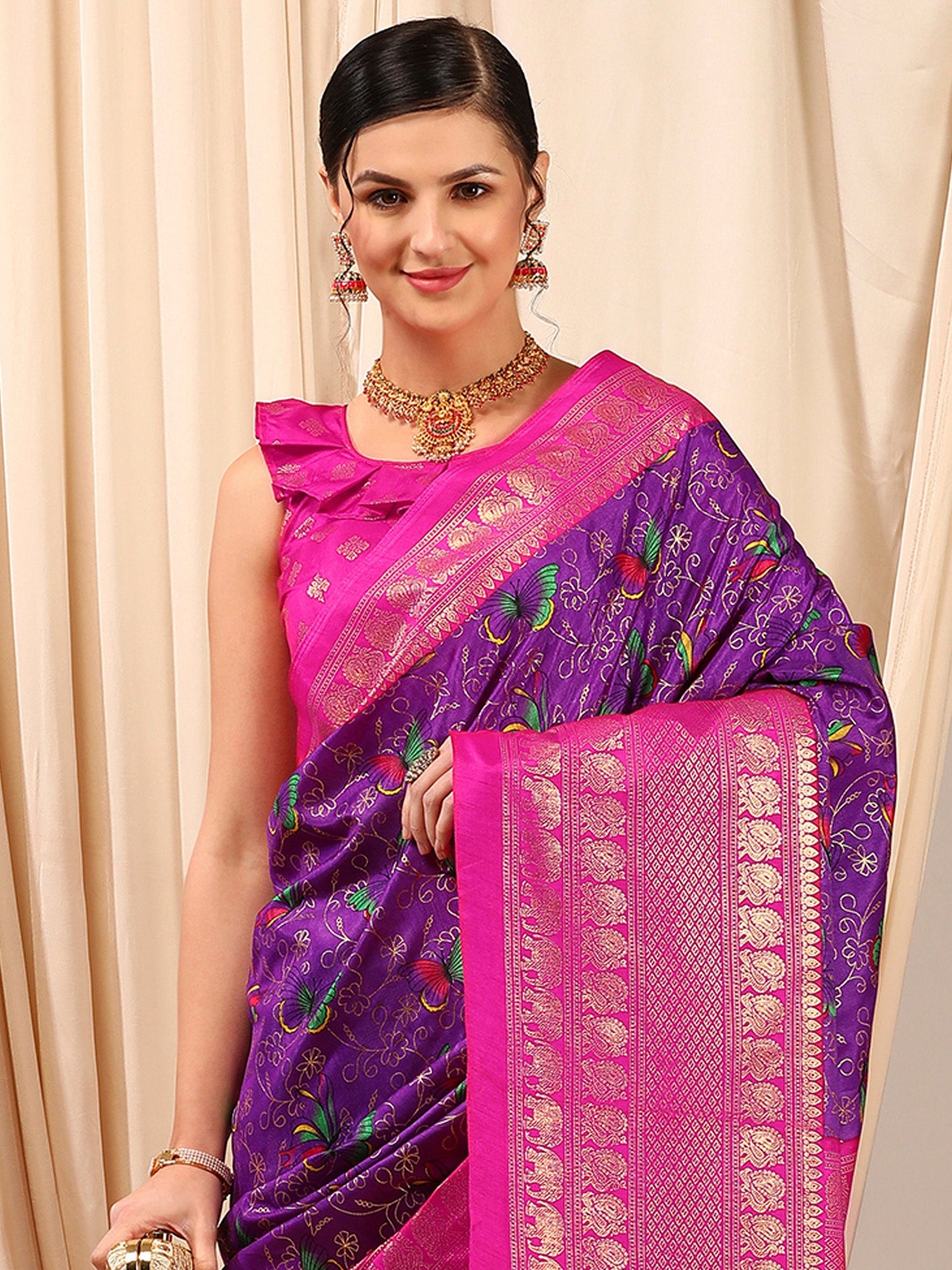 Women's Cotton Blend Purple Printed Designer Saree With Blouse Piece