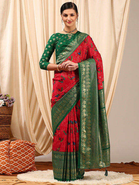 Women's Cotton Blend Red Printed Designer Saree With Blouse Piece