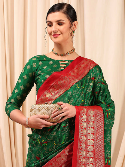 Women's Cotton Blend Green Printed Designer Saree With Blouse Piece