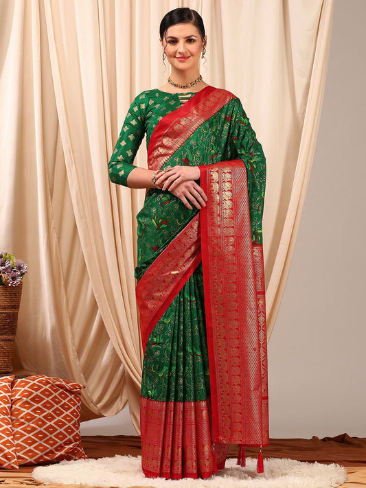 Women's Cotton Blend Green Printed Designer Saree With Blouse Piece