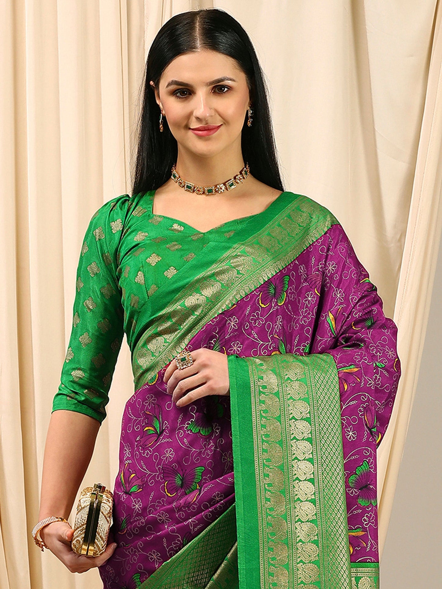 Women's Cotton Blend Purple Printed Designer Saree With Blouse Piece