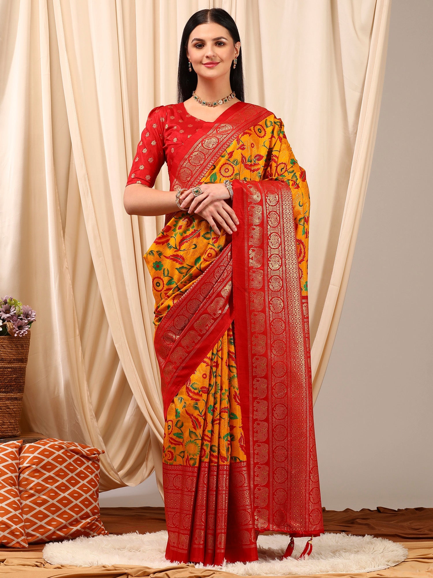 Women's Cotton Blend Yellow Printed Designer Saree With Blouse Piece