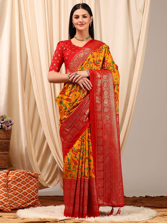 Women's Cotton Blend Yellow Printed Designer Saree With Blouse Piece
