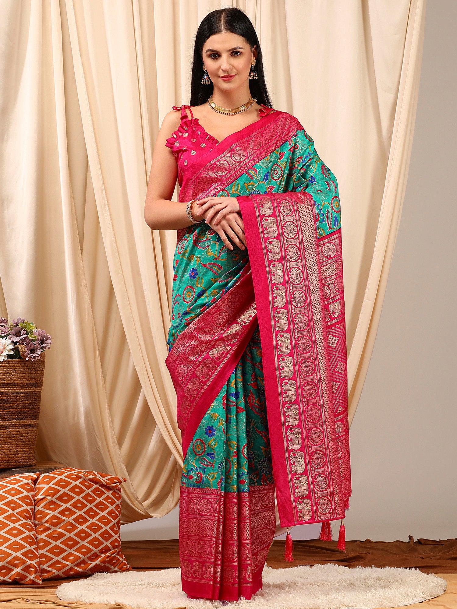 Women's Cotton Blend Blue Printed Designer Saree With Blouse Piece