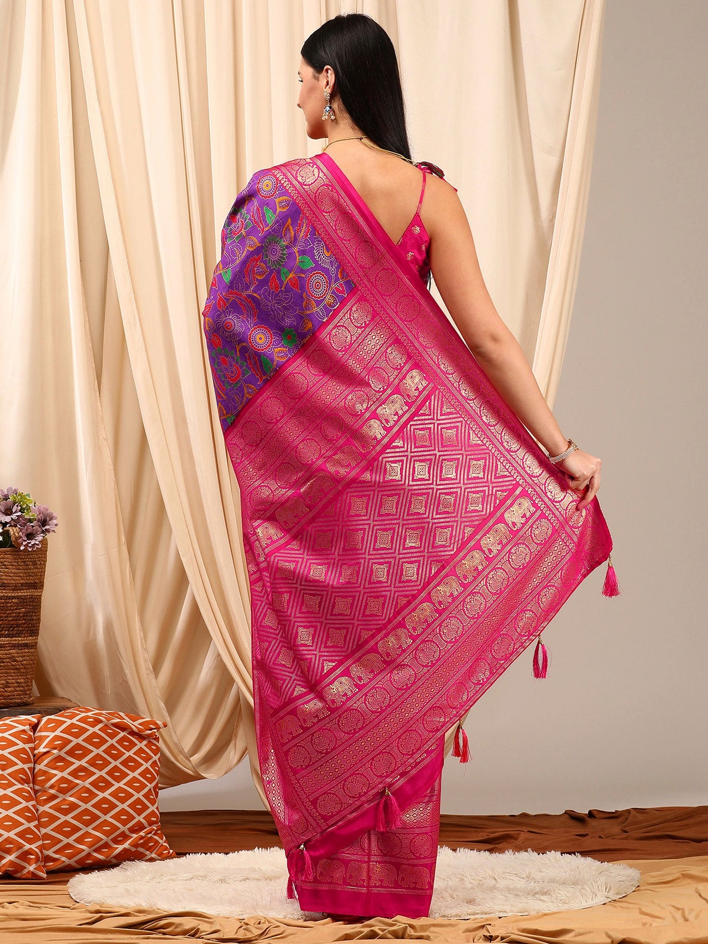Women's Cotton Blend Purple Printed Designer Saree With Blouse Piece
