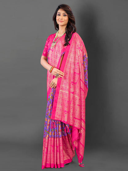 Women's Cotton Blend Lavendar Printed Designer Saree With Blouse Piece