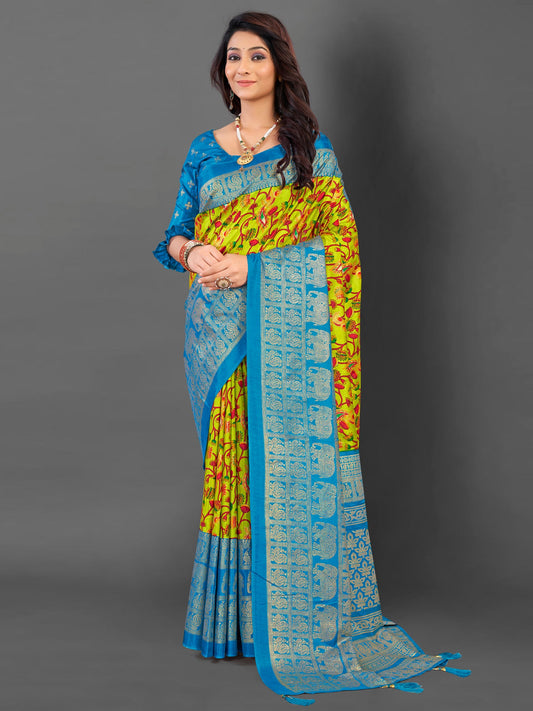 Women's Cotton Blend Light Green Printed Designer Saree With Blouse Piece
