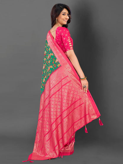 Women's Cotton Blend Teal green Printed Designer Saree With Blouse Piece