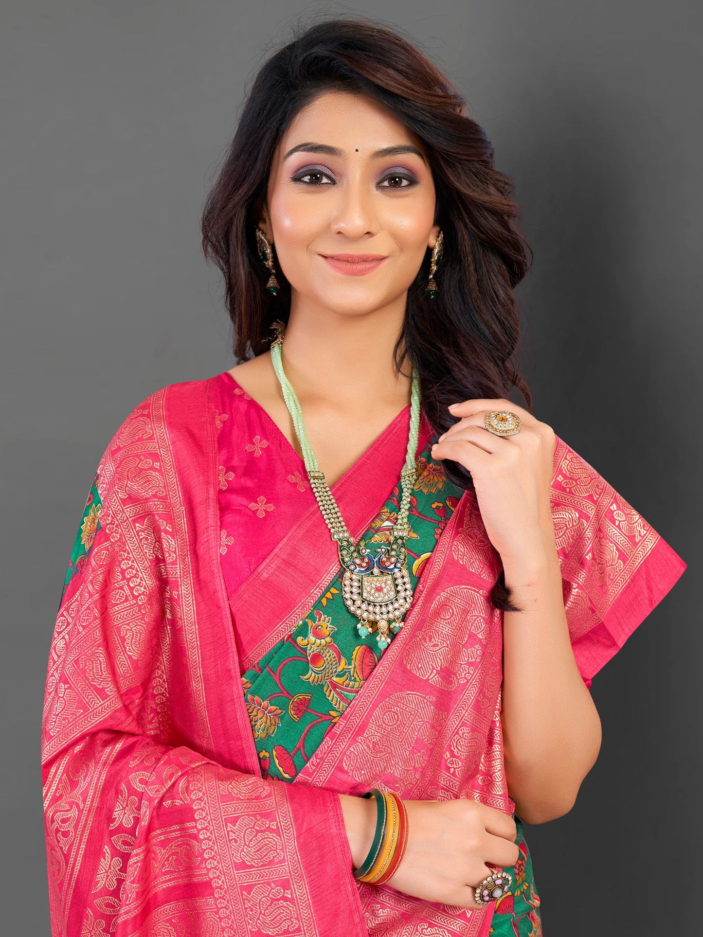 Women's Cotton Blend Teal green Printed Designer Saree With Blouse Piece