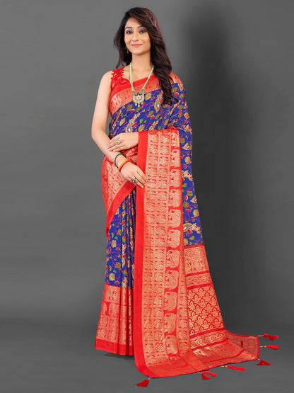 Women's Cotton Blend Blue Printed Designer Saree With Blouse Piece