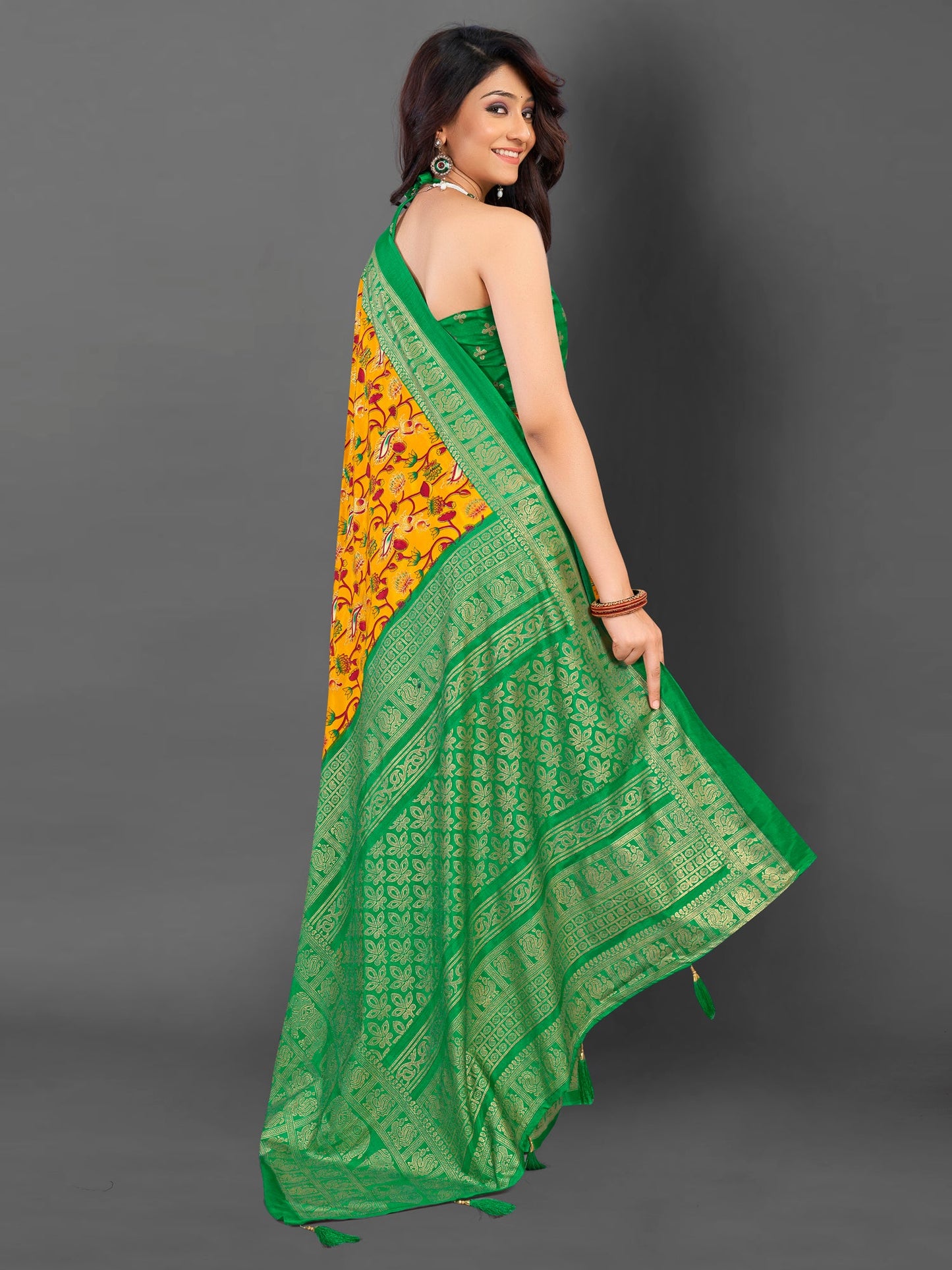 Women's Cotton Blend Mustard Printed Designer Saree With Blouse Piece
