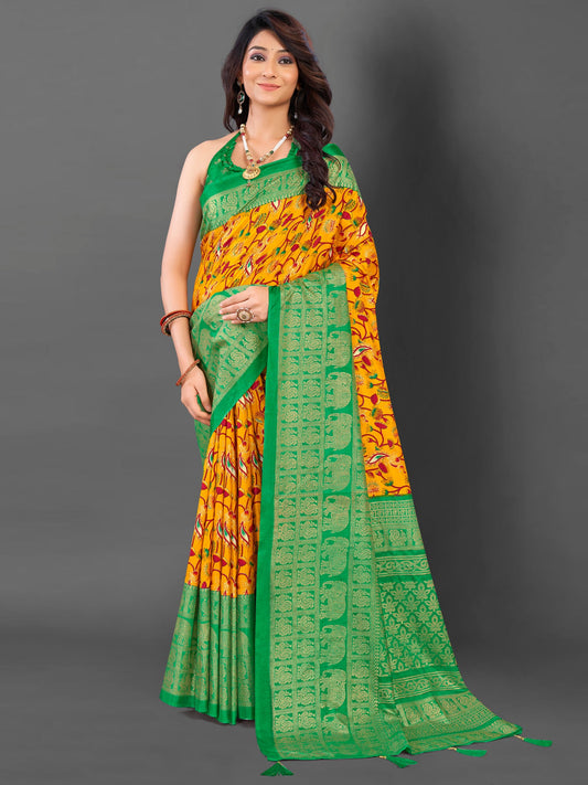 Women's Cotton Blend Mustard Printed Designer Saree With Blouse Piece