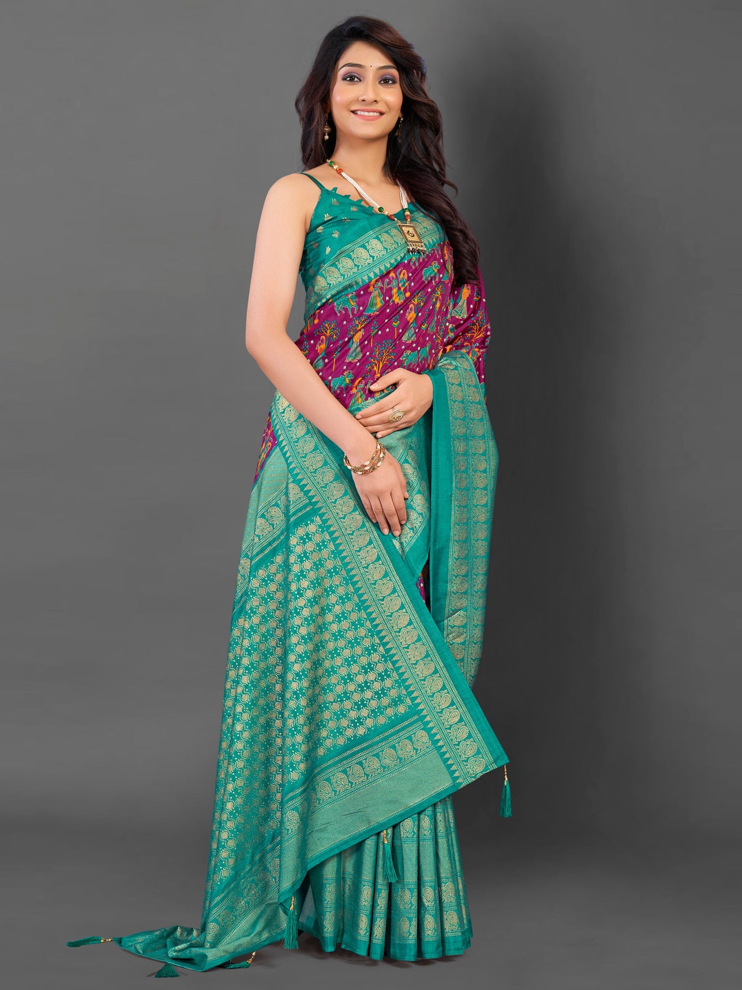 Women's Cotton Blend Magenta Printed Designer Saree With Blouse Piece