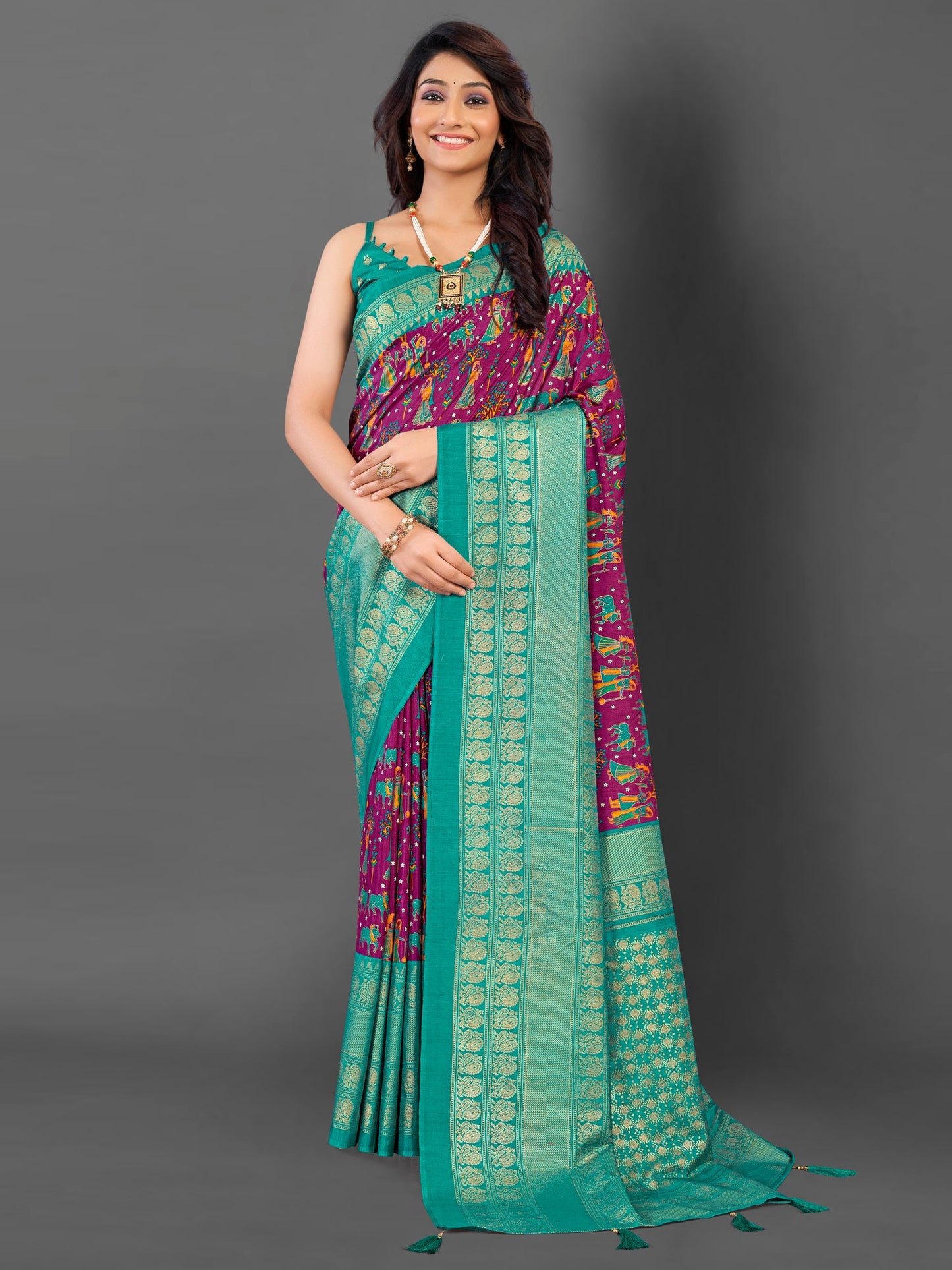 Women's Cotton Blend Magenta Printed Designer Saree With Blouse Piece