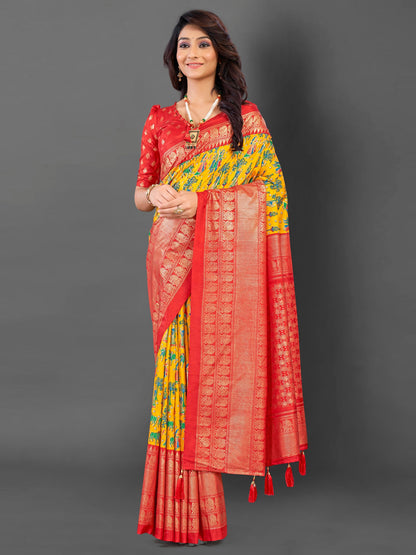 Women's Cotton Blend Yellow Printed Designer Saree With Blouse Piece